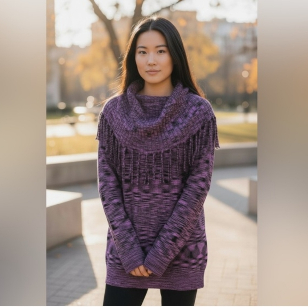 Allie & Rob S Fringed Cowl Neck Purple Aztec Print Sweater 2854-R